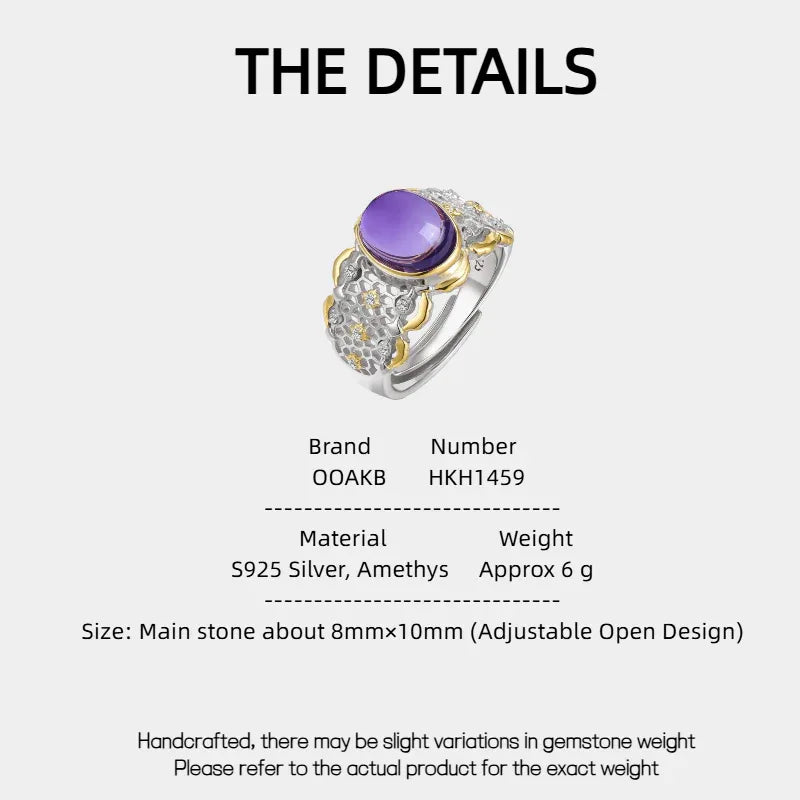 oval amethyst filigree ring specification card with product measurements