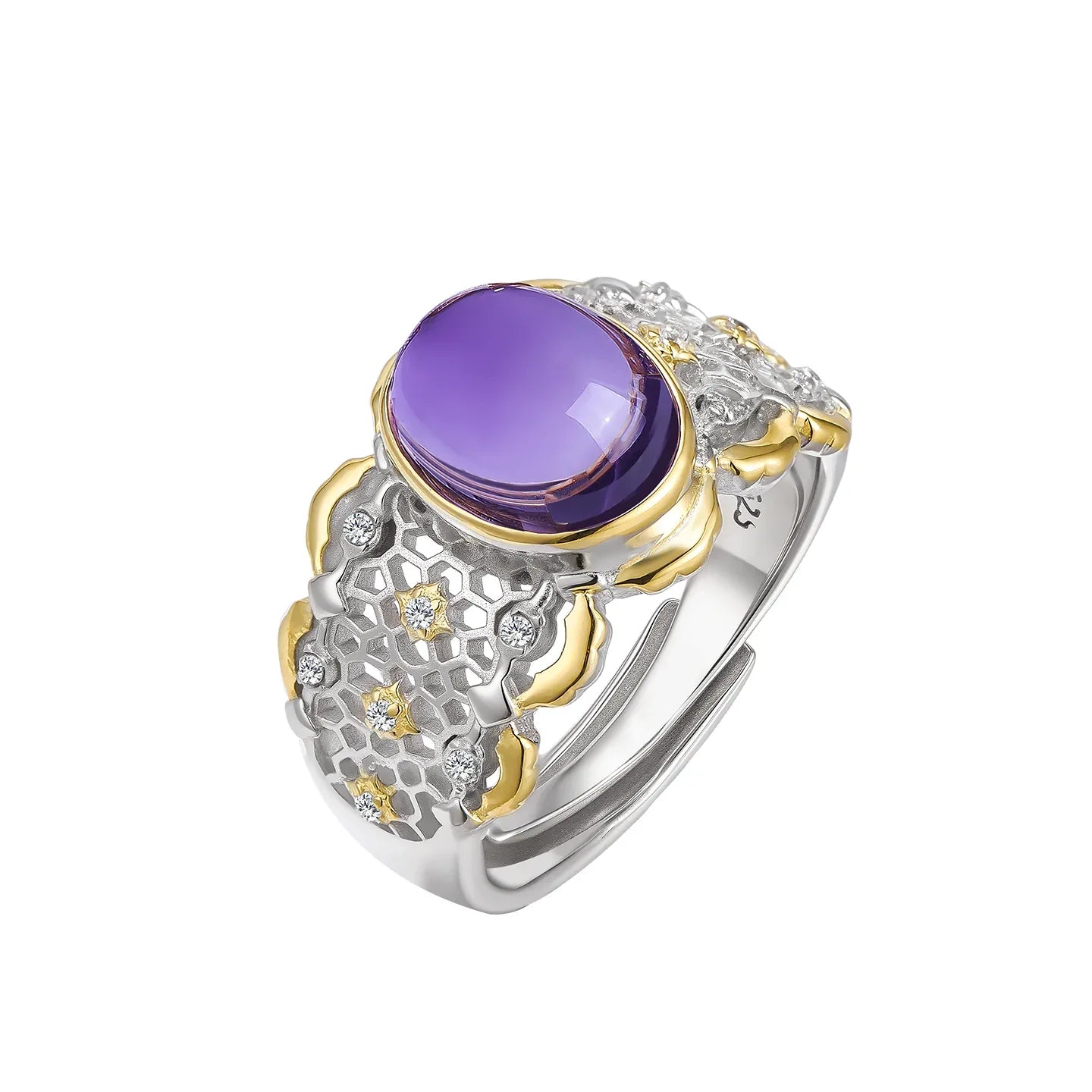oval amethyst filigree ring worn detail beside the face