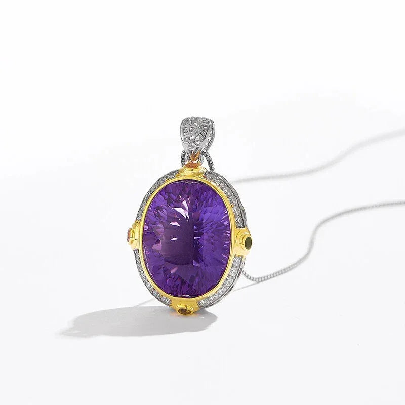 oval amethyst halo pendant necklace front pendant view on a white background