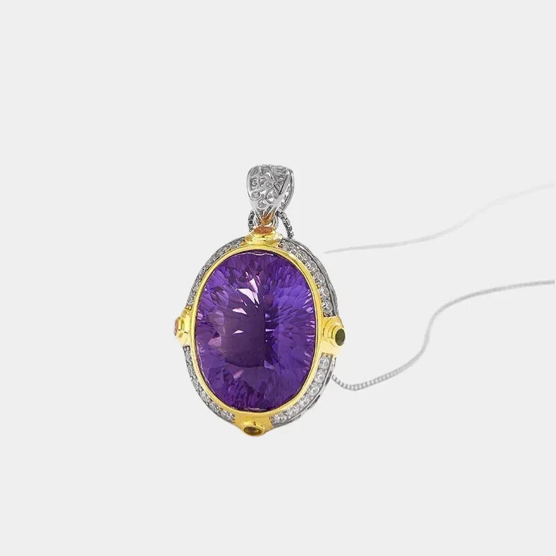 oval amethyst halo pendant necklace front product view on a white background