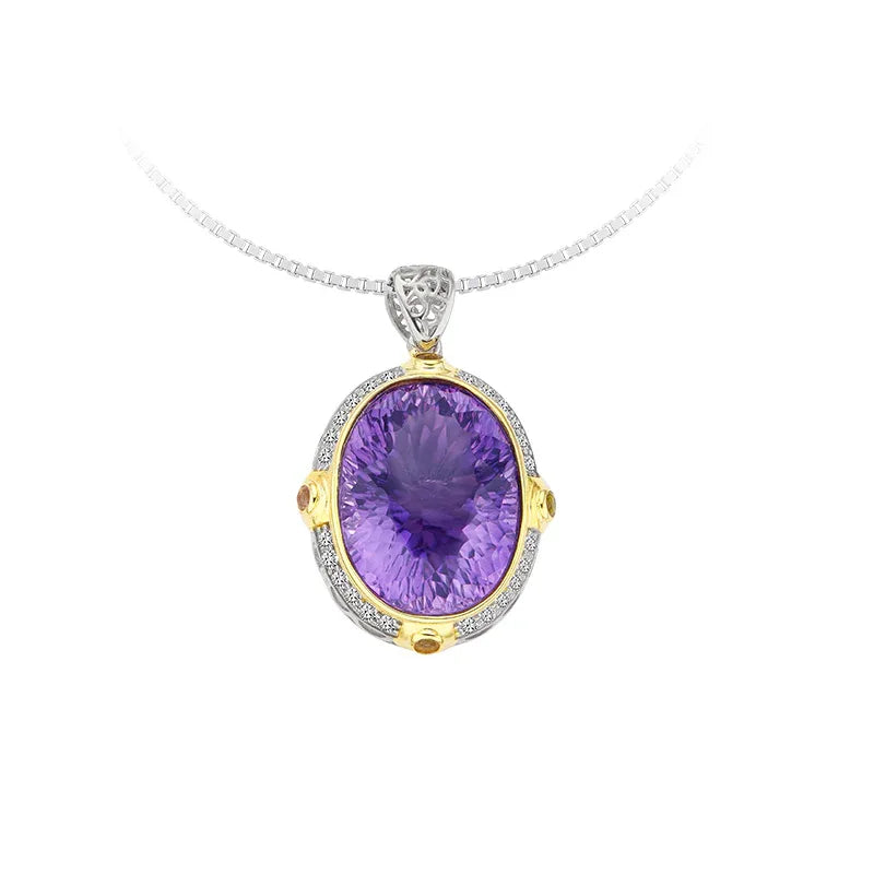 oval amethyst halo pendant necklace second neckline view in soft light