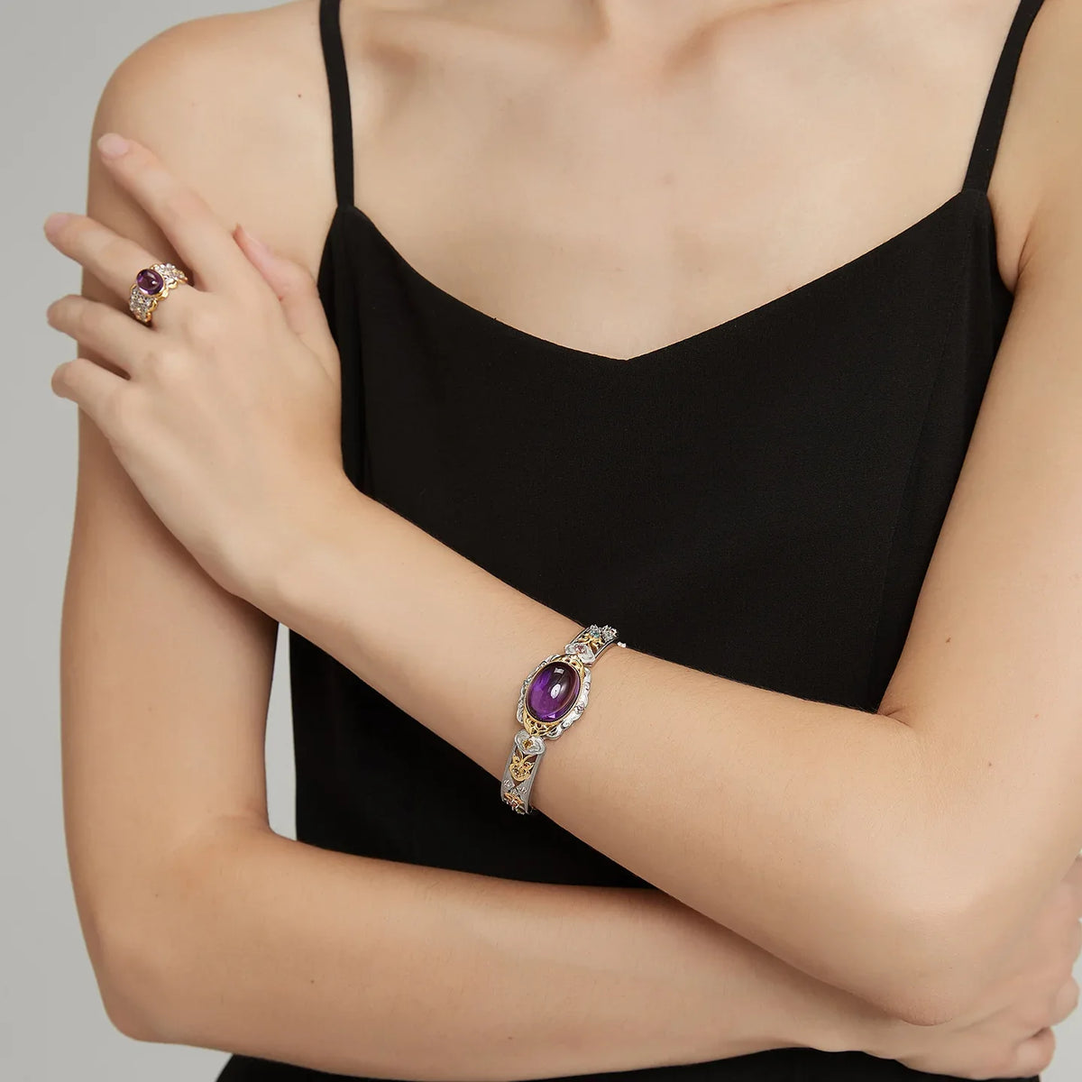oval amethyst openwork bracelet product view on a dark background