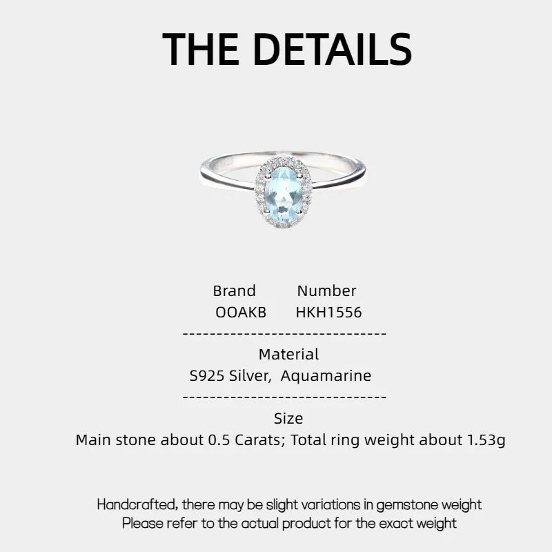 Oval Aquamarine Bezel-Set Ring specification card with product measurements