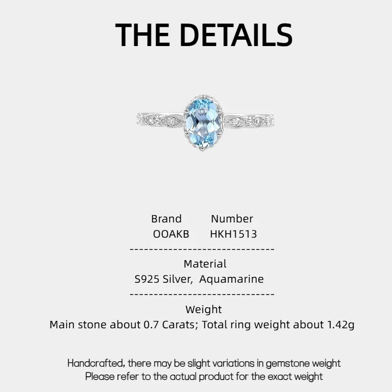 Oval Aquamarine Crown Accent Ring specification card with product measurements