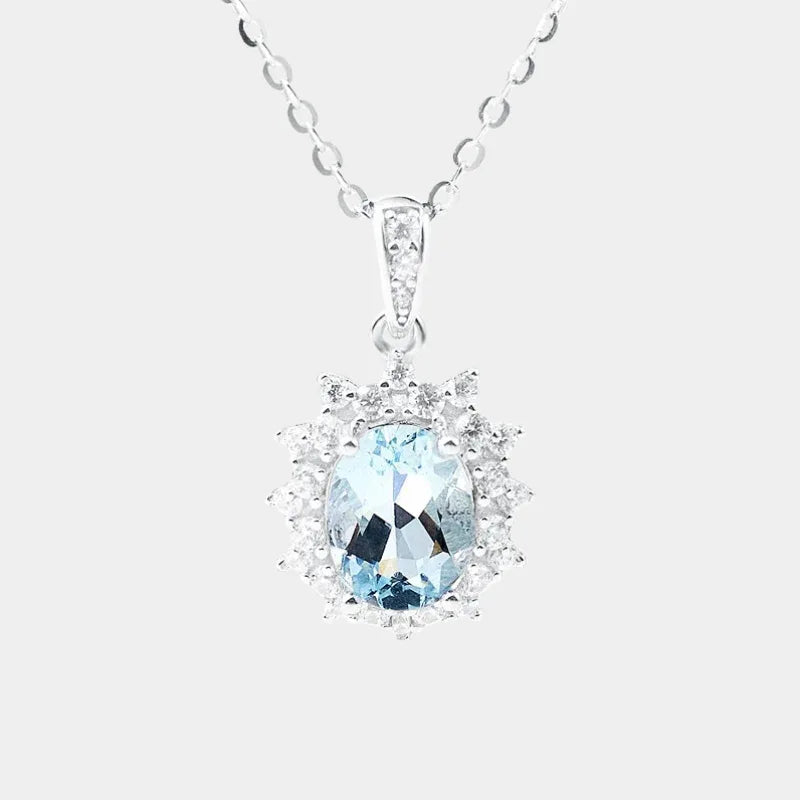 Oval Aquamarine Halo Pendant Necklace full necklace view on a white background