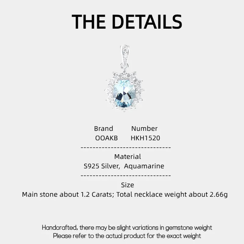 Oval Aquamarine Halo Pendant Necklace specification card with product measurements