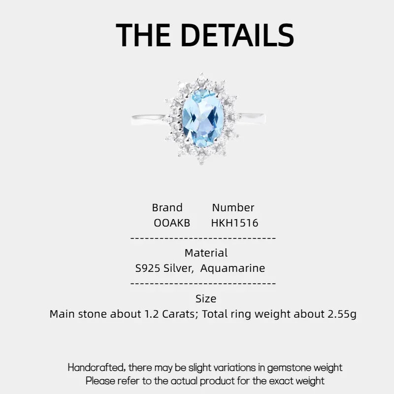 Oval Aquamarine Halo Ring specification card with product measurements