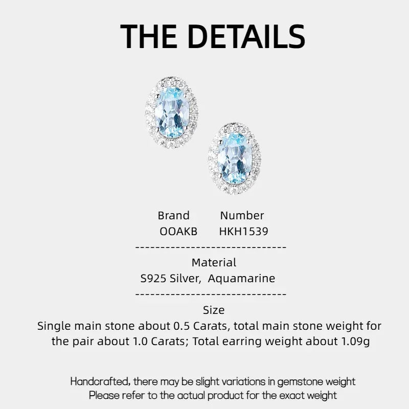 Oval Aquamarine Halo Stud Earrings specification card with product measurements