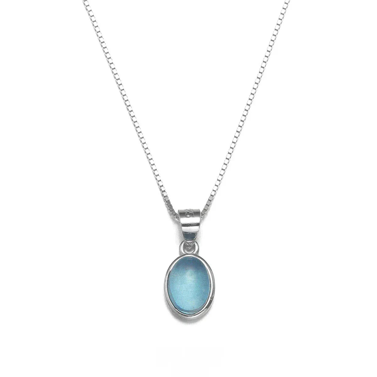 Oval Aquamarine Snake Chain Pendant Necklace angled pendant detail on white