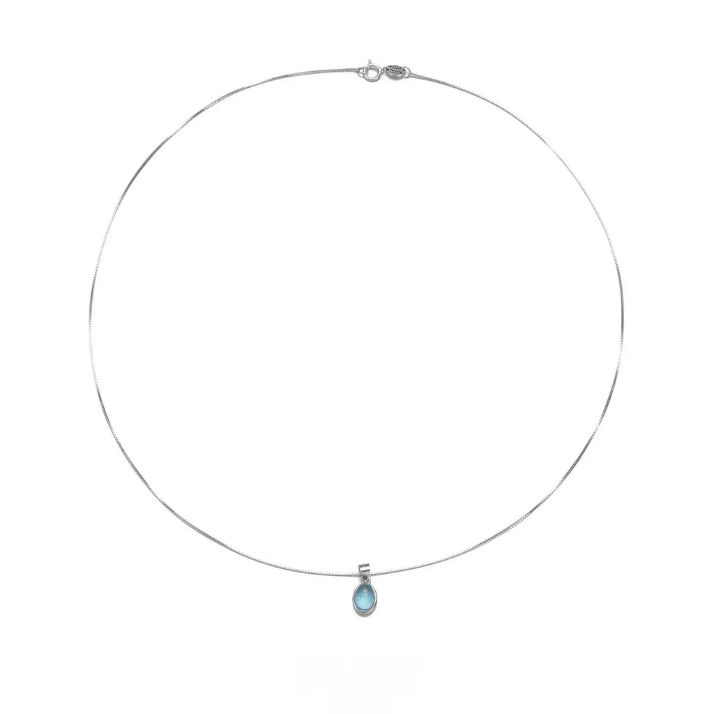 Oval Aquamarine Snake Chain Pendant Necklace clasp and full chain view