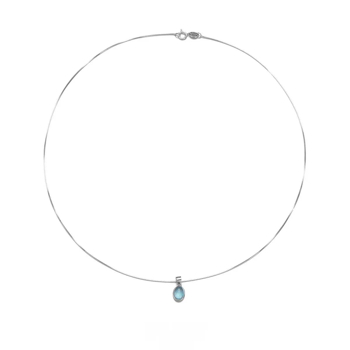 Oval Aquamarine Snake Chain Pendant Necklace clasp and full chain view