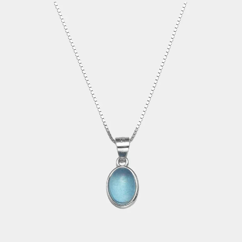 Oval Aquamarine Snake Chain Pendant Necklace full necklace view on a white background