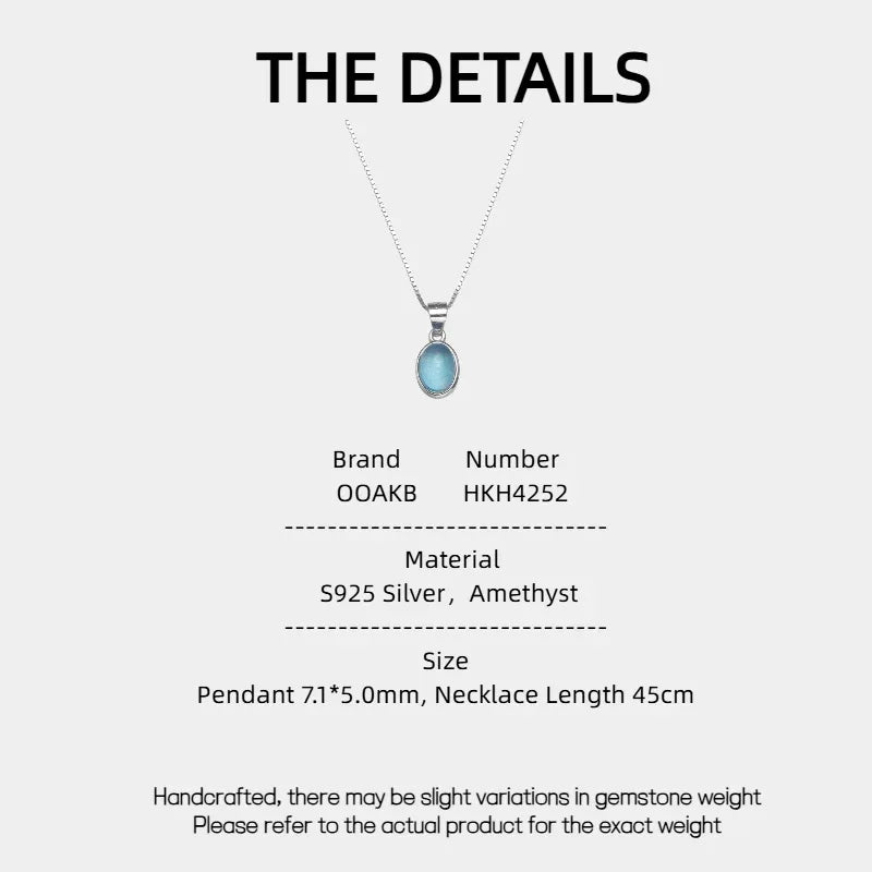 Oval Aquamarine Snake Chain Pendant Necklace specification card with product measurements