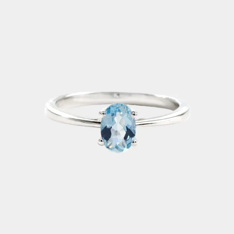 Oval Aquamarine Solitaire Ring front product view on a white background