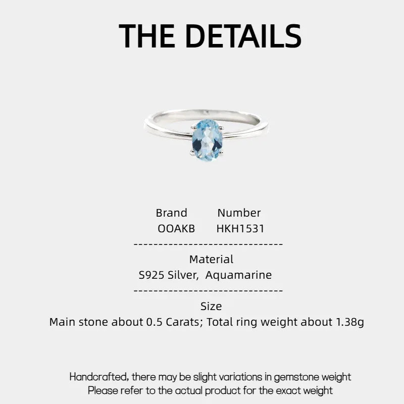 Oval Aquamarine Solitaire Ring specification card with product measurements