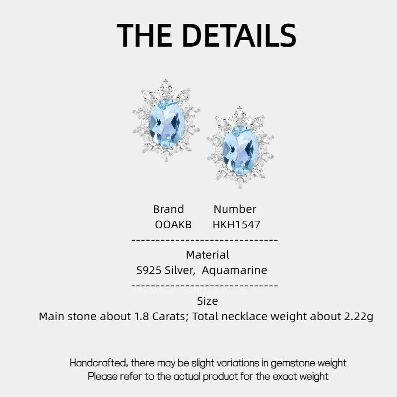 Oval Aquamarine Starburst Halo Stud Earrings specification card with product measurements
