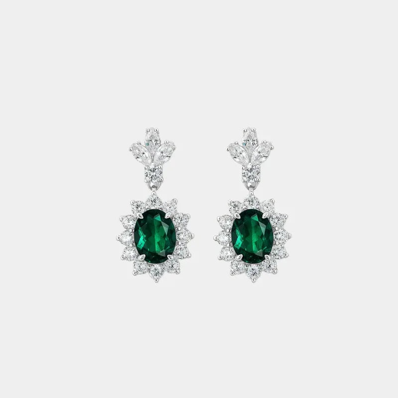 Oval Emerald Floral Drop Earrings paired product view on a white background