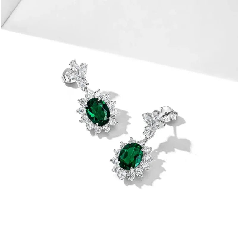 Oval Emerald Floral Drop Earrings side view showing posts and settings