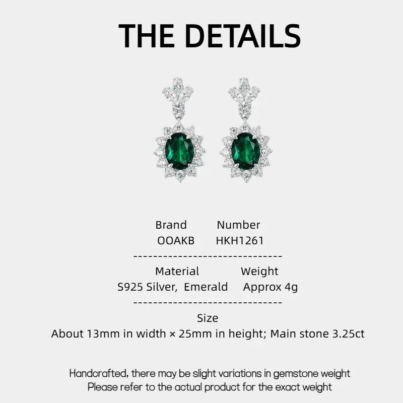 Oval Emerald Floral Drop Earrings specification card with product measurements