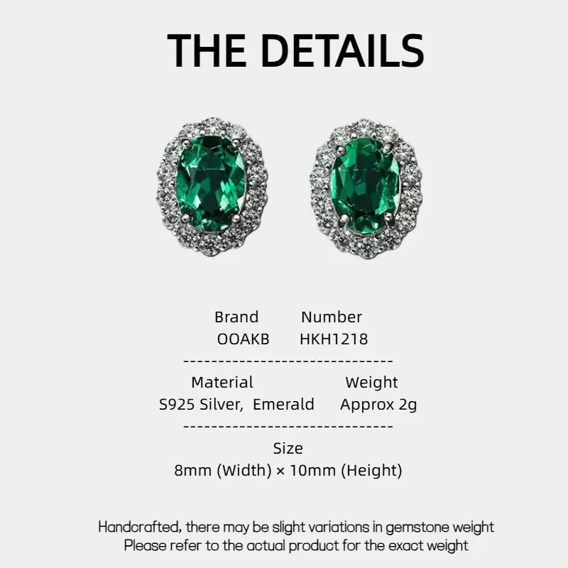 Oval Emerald Halo Stud Earrings specification card with product measurements