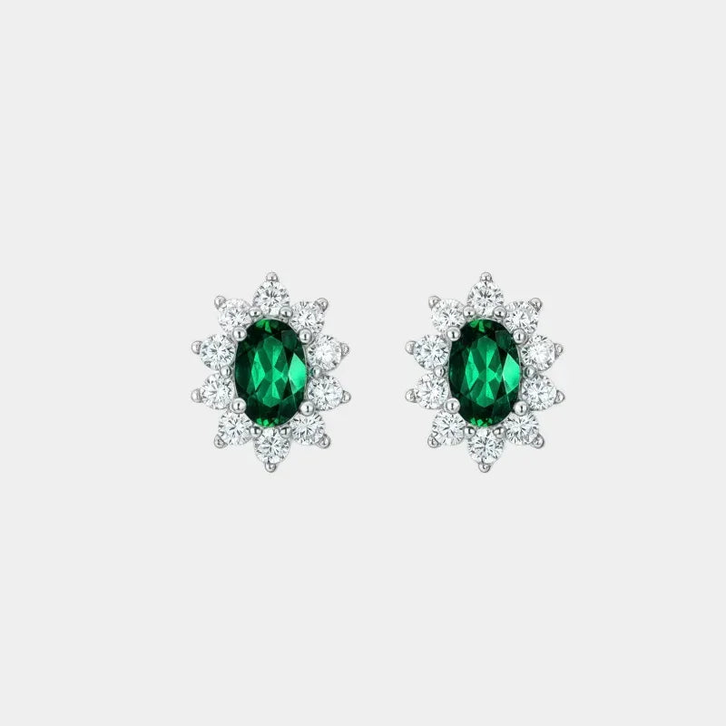 Oval Emerald Sunflower Stud Earrings paired product view on a white background