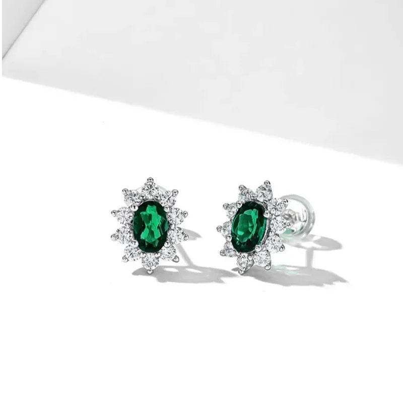 Oval Emerald Sunflower Stud Earrings rear view showing earring backs