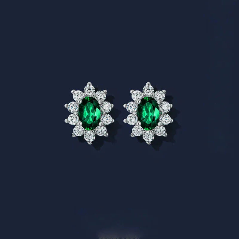 Oval Emerald Sunflower Stud Earrings side view showing posts and settings