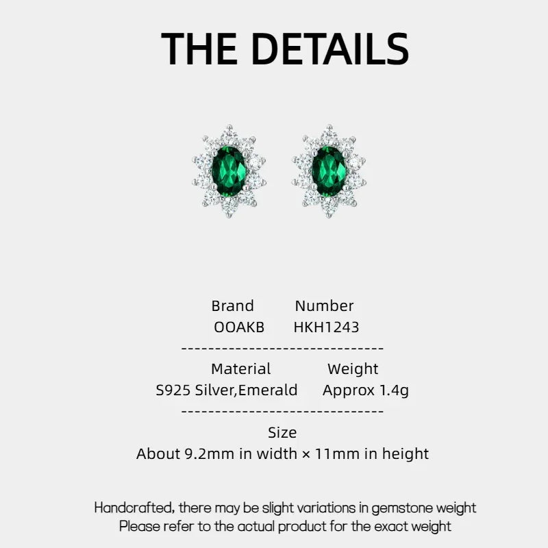 Oval Emerald Sunflower Stud Earrings specification card with product measurements