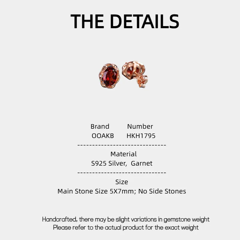 Oval Garnet Bezel Stud Earrings specification card with measurements and material details