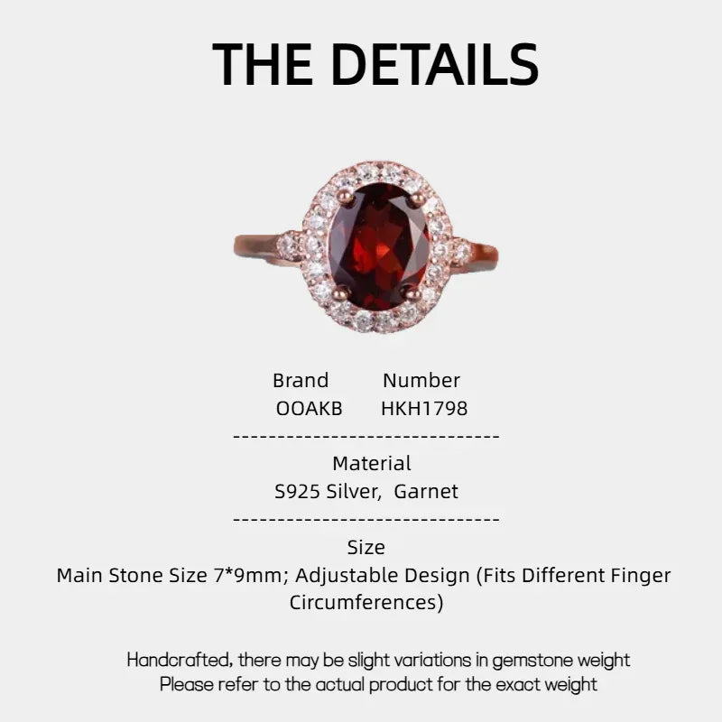 Oval Garnet Halo Adjustable Ring specification card with measurements and material details