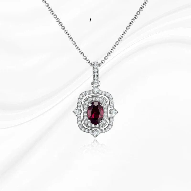 Oval Garnet Ornate Pendant Necklace side or angled pendant detail
