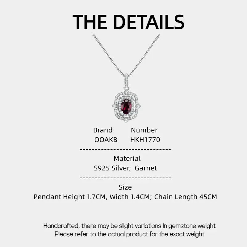 Oval Garnet Ornate Pendant Necklace specification card with measurements and material details