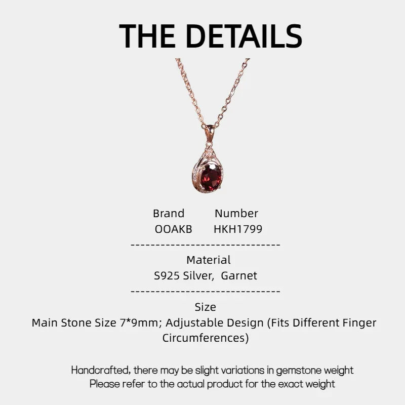 Oval Garnet Teardrop Pendant Necklace specification card with measurements and material details