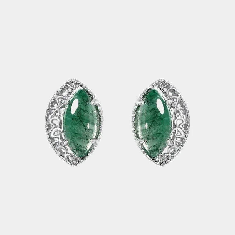 Oval Geometric Moss Agate Earrings Unisex — front product view on a light background