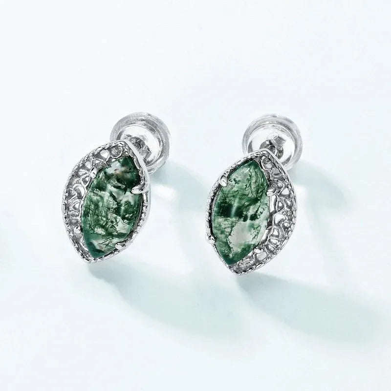 Oval Geometric Moss Agate Earrings Unisex — front setting detail 3