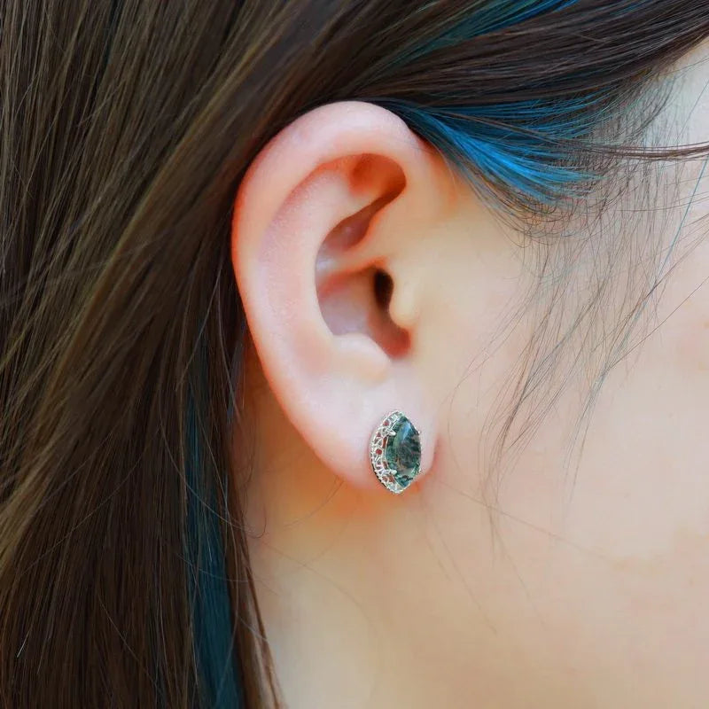 Oval Geometric Moss Agate Earrings Unisex — hand-worn scale view 2