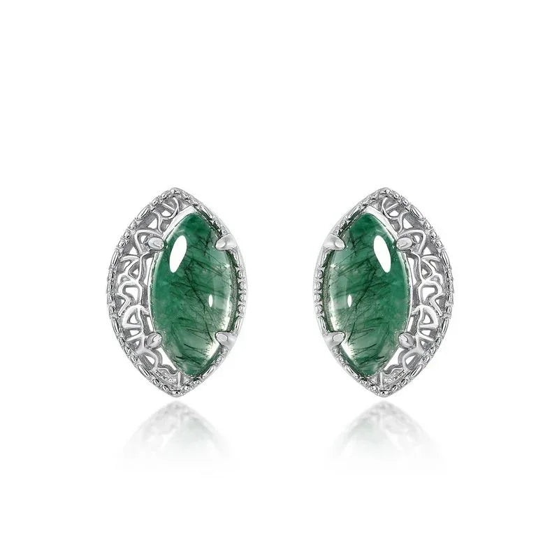Oval Geometric Moss Agate Earrings Unisex — side profile and band detail 4