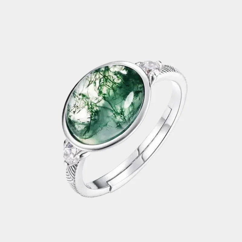 Oval Moss Agate Open Ring — front product view on a light background