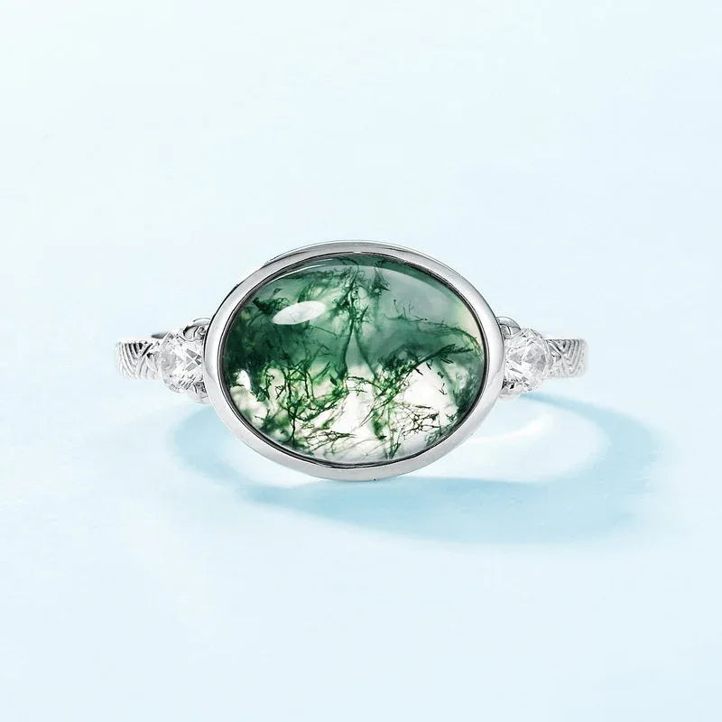 Oval Moss Agate Open Ring — front setting detail 3