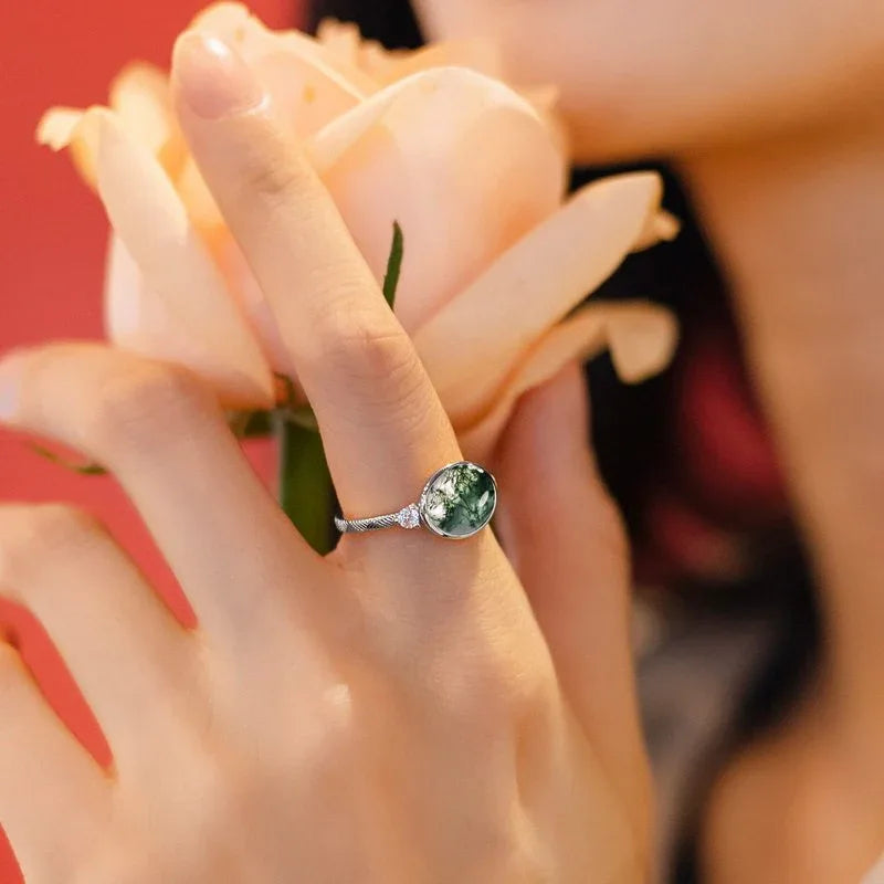 Oval Moss Agate Open Ring — hand-worn scale view 2