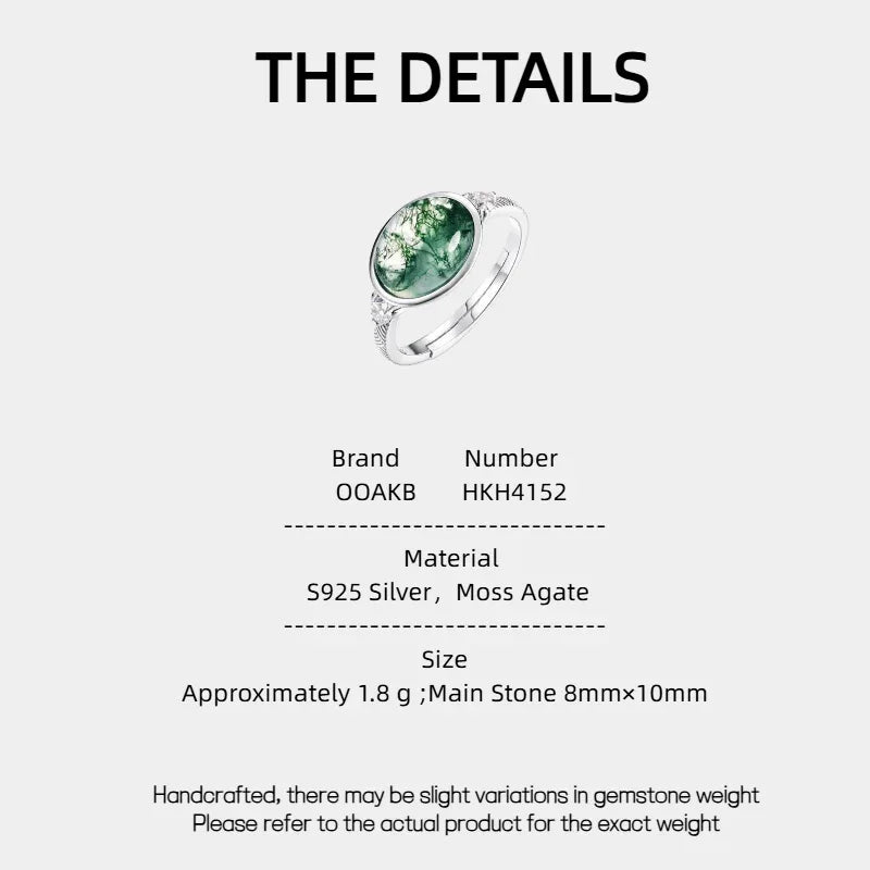 Oval Moss Agate Open Ring — Moss Agate specification card with material and measurements