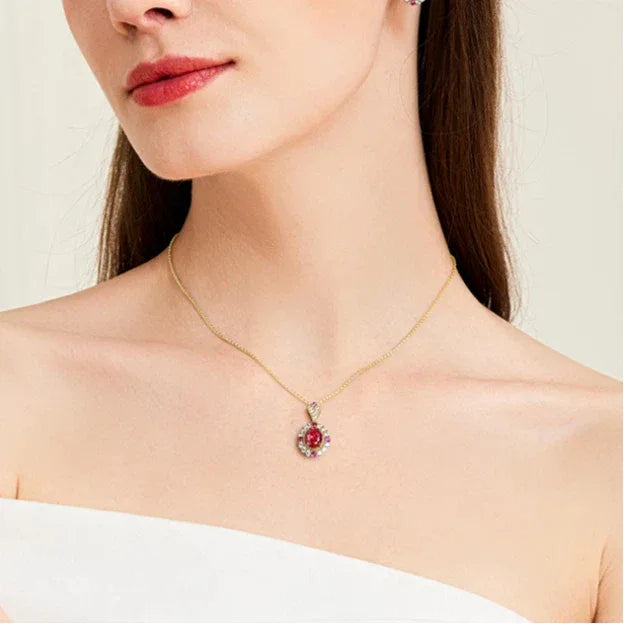 Oval Ruby Gold-Tone Pendant Necklace — full necklace view