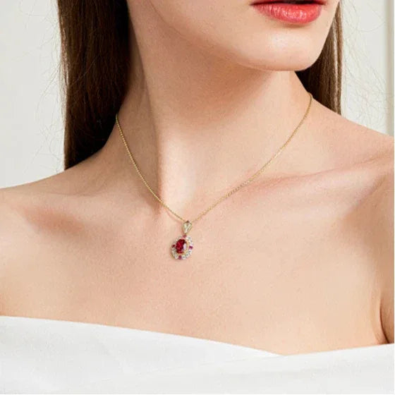 Oval Ruby Gold-Tone Pendant Necklace — necklace worn at neckline
