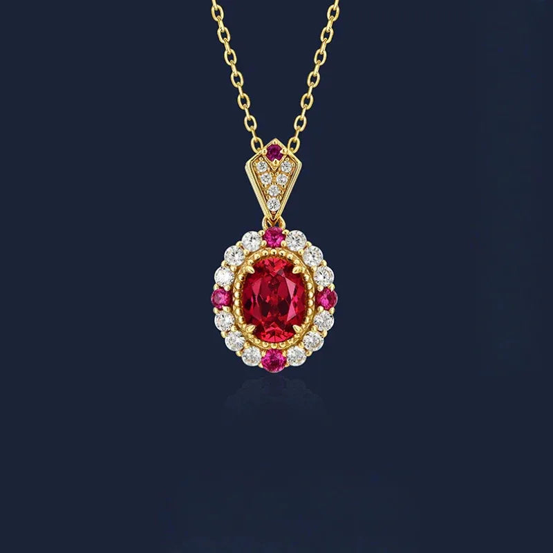 Oval Ruby Gold-Tone Pendant Necklace — pendant setting detail