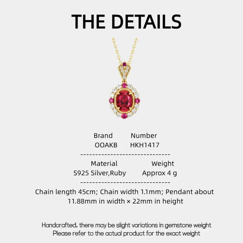 Oval Ruby Gold-Tone Pendant Necklace — specification card with material and size details