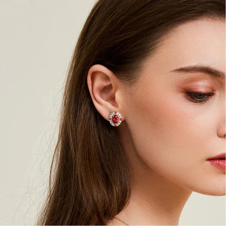 Oval Ruby Gold-Tone Stud Earrings — alternate earrings view