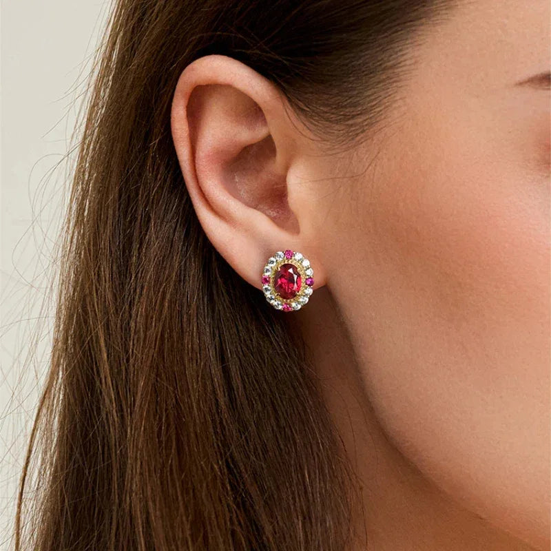Oval Ruby Gold-Tone Stud Earrings — paired earrings view