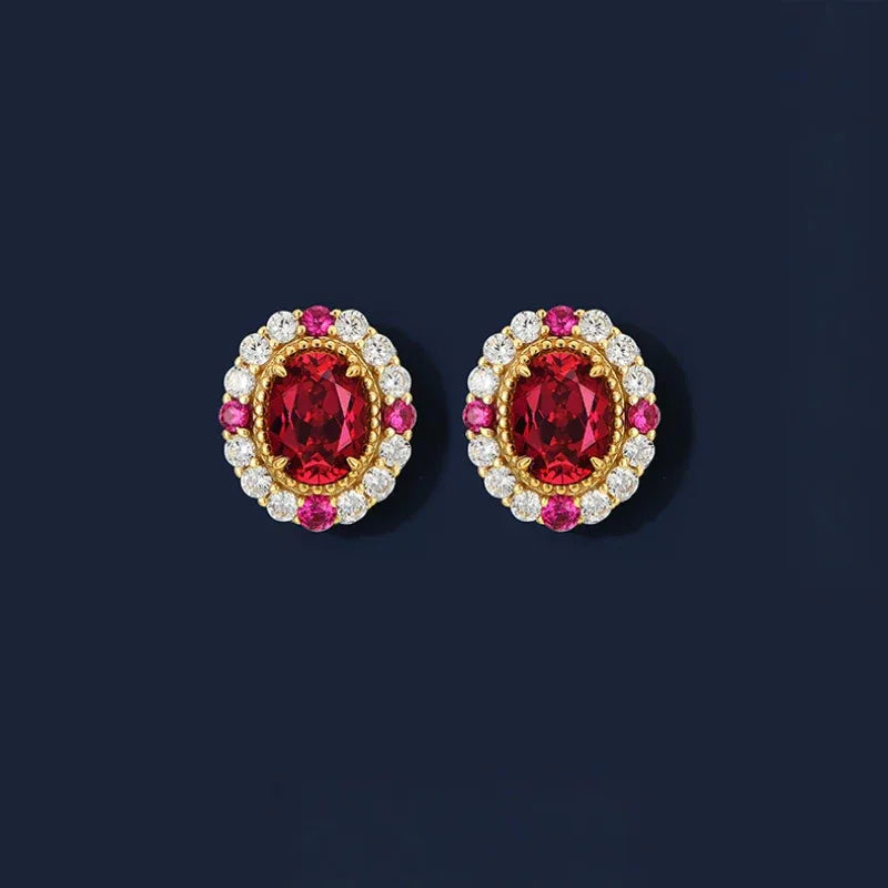 Oval Ruby Gold-Tone Stud Earrings — side and post detail