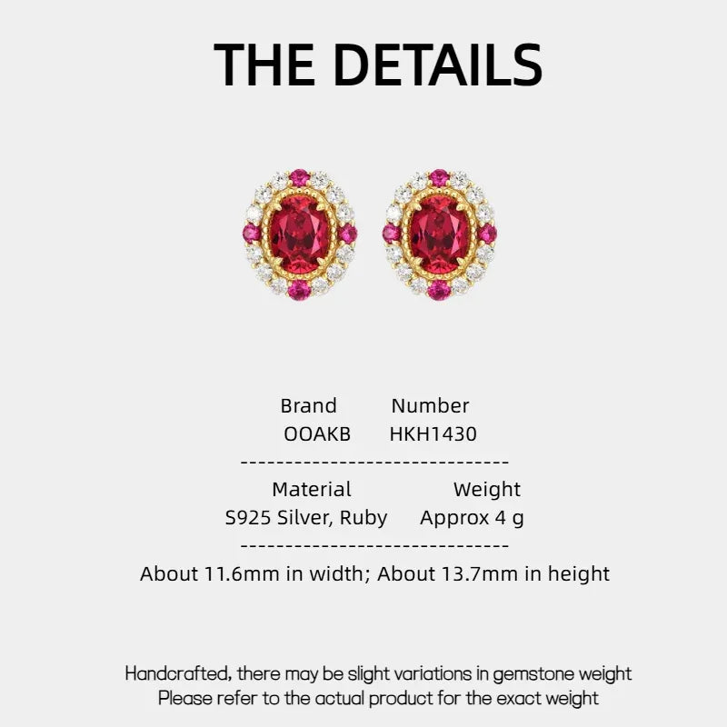 Oval Ruby Gold-Tone Stud Earrings — specification card with material and size details
