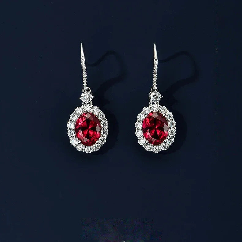 Oval Ruby Halo Drop Earrings — side and post detail